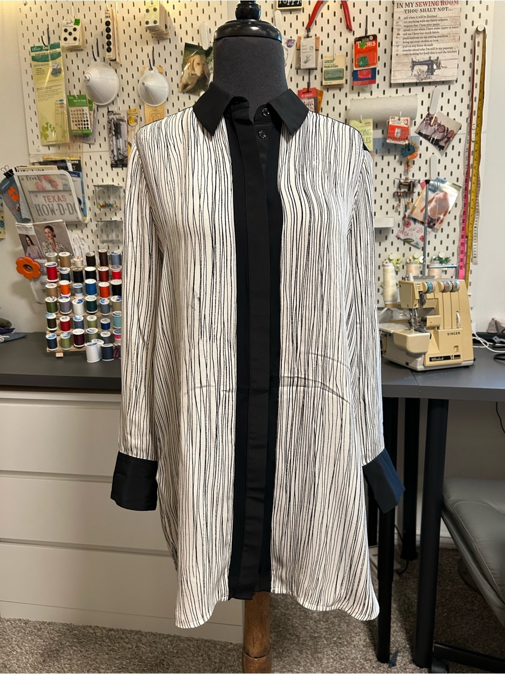 Vince Black & White Vertical Stripe Tunic Length Button-Down Shirt